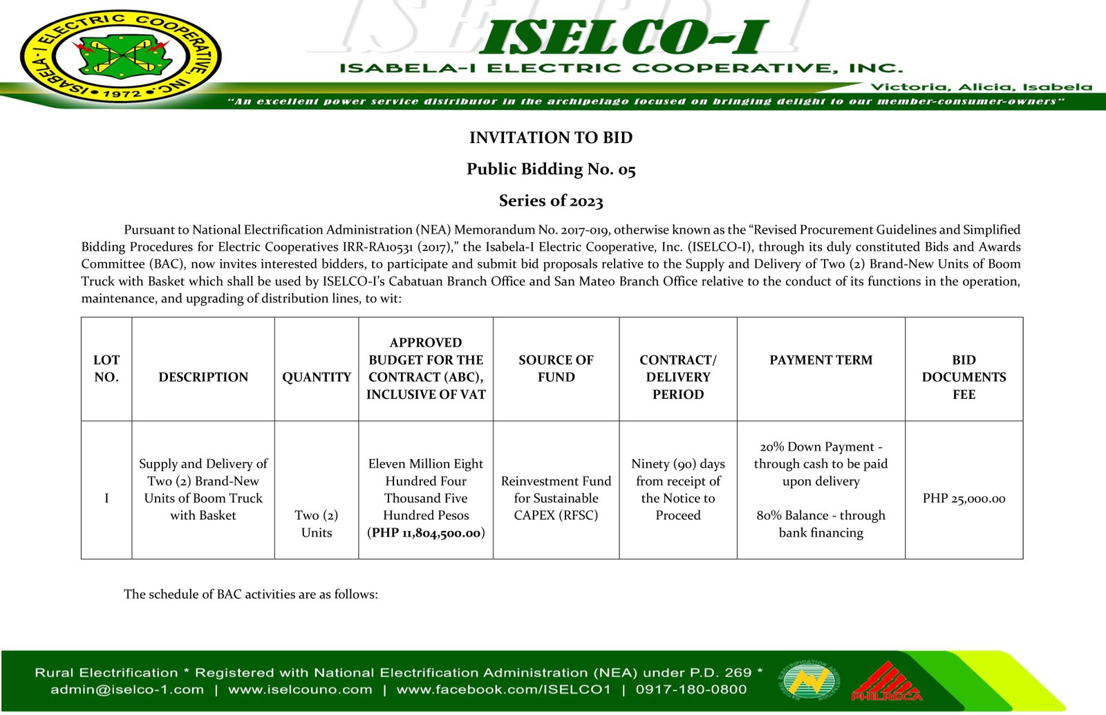 Public Bidding No. 05 Series of 2023- Supply and Delivery of Two (2) Brand-New Units of Boom Truck with Basket